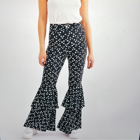 Free People Lenni star print wide flare leg pants size L - Picture 2 of 6